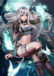  armor bandages boots gloves green_eyes headband knee_boots long_hair looking_at_viewer navel silver_hair single_glove small_breasts sword weapon 