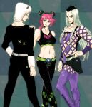  1girl 2boys black_hair double_bun green_eyes grey_hair hat horns jojo_no_kimyou_na_bouken kuujou_jolyne lipstick makeup midriff multicolored_hair multiple_boys narciso_anasui two-tone_hair usaki1987 weather_report 