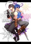  black_hair blue_hair boots dual_persona hermit_purple jojo_no_kimyou_na_bouken jonathan_joestar kirin62 midriff pocket_watch stand_(jojo) sword vines watch weapon 