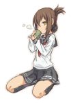  admiral_(kantai_collection) auru_t brown_hair cup folded_ponytail hair_ornament highres inazuma_(kantai_collection) kneeling personification school_uniform socks tagme teacup yellow_eyes 