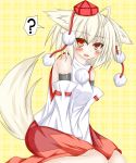  1girl ? ahoge animal_ears bare_shoulders blush breasts detached_sleeves fang hat highres inubashiri_momiji looking_at_viewer open_mouth orange_eyes pom_pom_(clothes) short_hair silver_hair sitting solo speech_bubble tail tokin_hat touhou wariza wolf_ears wolf_tail 