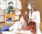  4girls akagi_(kantai_collection) asymmetrical_hair black_hair blush breasts brown_eyes brown_hair hiryuu_(kantai_collection) japanese_clothes kaga_(kantai_collection) kantai_collection kisetsu long_hair looking_at_another lying_on_lap lying_on_person multiple_girls obentou open_mouth ribbon short_hair side_ponytail sitting skirt smile souryuu_(kantai_collection) surprised thigh-highs translation_request twintails wariza 