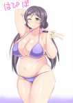  1girl belly bikini breasts cleavage large_breasts long_hair looking_at_viewer love_live!_school_idol_project morisoba_(silent_hill) navel one_eye_closed plump purple_bikini purple_hair solo swimsuit toujou_nozomi twintails wink 