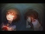  2girls black_hair brown_eyes brown_hair character_request closed_eyes furutaka_(kantai_collection) heterochromia injury kantai_collection letterboxed lying multiple_girls open_mouth partially_submerged personification sailor_collar short_hair sinking tears water yellow_eyes 
