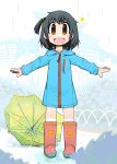  1girl black_hair blush boots highres kamonari_ahiru original rain raincoat short_hair smile solo umbrella 