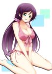  1girl bikini breasts jam_(jam0601) large_breasts long_hair looking_at_viewer love_live!_school_idol_project open_mouth pink_bikini purple_hair sitting smile solo swimsuit toujou_nozomi twintails wariza 