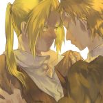  2boys alphonse_heiderich artist_request blonde_hair blouse closed_eyes conqueror_of_shambala edward_elric forehead-to-forehead frown fullmetal_alchemist hands_on_shoulders long_hair multiple_boys older ponytail serious short_hair smile yellow_eyes 