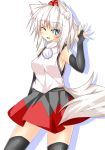  1girl absurdres animal_ears bare_shoulders black_legwear blue_eyes blush breasts fingerless_gloves gloves hat highres inubashiri_momiji looking_at_viewer one_eye_closed open_mouth pom_pom_(clothes) short_hair silver_hair simple_background solo tail tokin_hat touhou white_background wink wolf_ears wolf_tail 