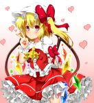  1girl arm_ribbon arms_behind_back ascot asymmetrical_hair blonde_hair blush crystal flandre_scarlet frilled_skirt frills gradient gradient_background heart heart_background highres norori peace_symbol pink_background pointy_ears pose pouty_lips puffy_short_sleeves puffy_sleeves red_clothes red_eyes red_skirt revision ribbon short_hair short_sleeves side_ponytail skirt solo touhou v white_blouse wings wrist_cuffs 