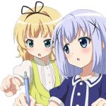  2girls blonde_hair blue_eyes blue_hair buttons curly_hair gochuumon_wa_usagi_desuka? hair_ornament hair_ribbon hairclip high_collar highres kafuu_chino kirima_sharo long_hair looking_at_another looking_down looking_to_the_side mechanical_pencil multiple_girls open_mouth pencil pointing puffy_short_sleeves puffy_sleeves ribbon sailor_collar sailor_dress short_hair short_sleeves simple_background 