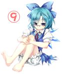  (9) 1girl barefoot bespectacled bloomers blue_dress blue_eyes blue_hair bow cirno dress glasses gorilla_(bun0615) hair_bow highres ice ice_wings leg_hug looking_at_viewer puffy_short_sleeves puffy_sleeves short_sleeves simple_background solo touhou underwear white_background wings 