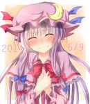  1girl ^_^ blush bust capelet closed_eyes coat crescent dress hair_ribbon hands_on_own_chest long_hair long_sleeves mob_cap open_clothes open_coat patchouli_knowledge purple_dress purple_hair ram_hachimin ribbon smile solo striped striped_dress touhou tress_ribbon very_long_hair 