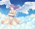  1girl above_clouds alternate_costume bird_wings blue_sky book book_hug brooch character_name closed_eyes collarbone crescent dress feathers flying highres holding holding_book jewelry light_particles light_smile long_hair orinpachu patchouli_knowledge purple_hair sky solo star touhou wind 