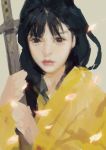  1girl absurdres black_hair dolaical eyeliner highres hilt japanese_clothes kimono lips long_hair makeup original petals sword weapon yellow 