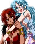  2girls armlet bishoujo_senshi_sailor_moon blue_eyes blue_hair breasts commentary_request dark_skin earrings hug jewelry lipstick long_hair looking_at_another looking_at_viewer makeup maru_(092102040413) multiple_girls navel open_mouth red_eyes redhead sailor_aluminum_seiren sailor_lead_crow simple_background smile sweatdrop tagme white_background 