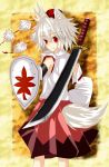  1girl animal_ears bare_shoulders blush breasts detached_sleeves fang hat inubashiri_momiji looking_at_viewer looking_over_shoulder pom_pom_(clothes) red_eyes sarashi shield short_hair silver_hair solo sword tail tokin_hat touhou weapon wolf_ears wolf_tail 