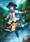  1girl blue_hair blue_sky boots bow breasts clouds cross-laced_footwear food forest fruit hat highres hinanawi_tenshi in_water long_hair luco_san nature outstretched_arms peach pond puffy_short_sleeves puffy_sleeves red_eyes rock sash shirt short_sleeves skirt sky solo splashing standing_on_one_leg touhou very_long_hair 