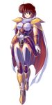  armor brown_eyes brown_hair cape flare_(langrisser) full_body highres knight langrisser langrisser_iii leotard long_legs short_hair simple_background thigh-highs uchiu_kazuma urushihara_satoshi 