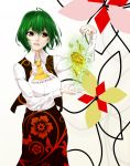  1girl adapted_costume ascot breasts floral_print flower green_hair highres kazami_yuuka large_breasts long_sleeves mattari_yufi open_vest red_eyes shirt skirt smile solo touhou 