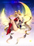  1girl bishoujo_senshi_sailor_moon blonde_hair blue_background blue_eyes boots bow character_name choker crescent_moon double_bun elbow_gloves gloves hair_ornament hairpin highres knee_boots long_hair magical_girl moon nal_(nal&#039;s_pudding) panties pantyshot ribbon sailor_collar sailor_moon smile solo super_sailor_moon tsukino_usagi twintails underwear white_gloves white_panties 