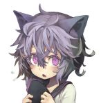  1girl animal_ears black_bullet bust cat_ears fang fuse_midori grey_hair looking_at_viewer morino_hon open_mouth solo violet_eyes 