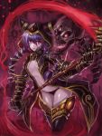  1girl bow braid breasts claws coat edobox glowing glowing_eyes hair_bow hat hat_with_ears long_hair looking_at_viewer metal_gloves midriff naked_coat navel no_bra open_clothes open_coat original polearm pool_of_blood purple_hair purple_legwear red_eyes skull thigh-highs twin_braids very_long_hair weapon 