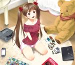  1girl :d amputee bedroom brown_hair dry-man open_mouth original quadruple_amputee red_eyes sitting smile solo stuffed_animal stuffed_toy teddy_bear twintails 