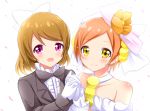  2girls blush bow bridal_veil brown_hair dress holding_hands hoshizora_rin interlocked_fingers looking_at_viewer love_live!_school_idol_project multiple_girls open_mouth orange_hair shinekalta short_hair smile veil violet_eyes wedding_dress yellow_eyes 