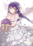  1girl angel_wings bouquet breasts cozyquilt dress earrings flower green_eyes highres jewelry long_hair love_live!_school_idol_project necklace petals purple_hair smile solo toujou_nozomi twintails wedding_dress wings 