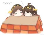  2girls ahoge blush brown_hair closed_eyes double_bun hairband half_updo hiei_(kantai_collection) kantai_collection kongou_(kantai_collection) kotatsu multiple_girls siblings signature simple_background sisters sleeping table zzz 
