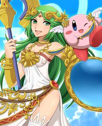  blue_eyes green_eyes green_hair jewelry kid_icarus kirby kirby_(series) long_hair necklace nintendo one_eye_closed palutena riko_(sorube) shield smile staff super_smash_bros. tiara wink 