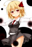 1girl ahoge blonde_hair blush bow breasts darkness hair_bow hair_ribbon highres large_breasts outstretched_arms red_eyes ribbon rumia short_hair skirt solo touhou us2s 