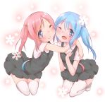  2girls arms_around_neck belt black_clothes blue_eyes blue_hair dress fang gradient_eyes highres hug multicolored_eyes multiple_girls one_eye_closed open_mouth original pigtail pink_eyes pink_hair rima_(rimarip) simple_background smile snowflakes thigh-highs white_background wink 