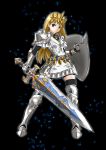  1girl armor armored_boots armored_dress blonde_hair blue_eyes boots earrings faintxp gauntlets jewelry knight long_hair paladin shield sword weapon 