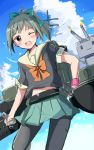  1girl :3 blush bow brown_eyes clouds cloudy_sky firing green_hair gumichoco hair_ribbon harness kantai_collection muzzle_flash navel one_eye_closed open_mouth pantyhose personification ponytail rensouhou-chan ribbon sailor short_sleeves sky solo turret wink wristband yuubari_(kantai_collection) |_| 