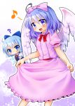 2girls :&lt; ? ahoge angel_wings blue_eyes blue_hair bow cirno dress gradient gradient_background hair_bow looking_at_another looking_at_viewer mai_(touhou) multiple_girls musical_note namino. open_mouth puffy_short_sleeves puffy_sleeves ribbon short_hair short_sleeves skirt_hold star starry_background touhou touhou_(pc-98) wings 