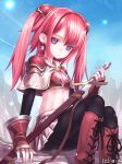  1girl :&lt; black_legwear boots breasts cleavage earrings fingerless_gloves gloves hibanar holding jewelry looking_at_viewer navel original redhead shoes sitting solo sword tagme thigh-highs twintails violet_eyes weapon 