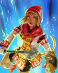  1girl blonde_hair blue_eyes buckler cat_tail facial_mark final_fantasy final_fantasy_xi gloves mace mithra open_mouth pouch quot shield solo tail weapon white_mage 
