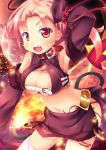  1girl blush breasts cleavage collar fang fire looking_at_viewer midriff navel open_mouth pink_eyes pink_hair sekine_irie smile solo 