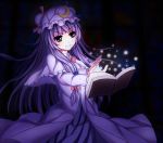  1girl capelet coat crescent darkness dress floating_book long_hair long_sleeves magic meng_xiao_jiong mob_cap open_clothes open_coat outstretched_arm patchouli_knowledge purple_hair smile solo striped striped_dress touhou very_long_hair violet_eyes 