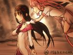  2girls akemi_homura black_hair bow dress floating goddess_madoka hair_bow hair_ribbon holding_hands kaname_madoka kiiro_(cocoa080) long_hair magical_girl mahou_shoujo_madoka_magica multiple_girls no_eyes pink_hair ribbon smile two_side_up 