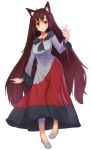  1girl animal_ears brown_hair crescent dress fang full_body highres imaizumi_kagerou jewelry kamituki0827 long_hair long_sleeves looking_at_viewer open_mouth red_eyes shoes simple_background solo touhou very_long_hair white_background wide_sleeves wolf_ears 