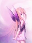  1girl arms_behind_back ayakashi_onmyouroku bare_shoulders dress ecens expressionless fairy fairy_wings flower hair_flower hair_ornament hands_together long_hair looking_back open_mouth orange_hair purple purple_wings simple_background solo strap titania_(ayakashi_onmyouroku) violet_eyes white_dress wings 