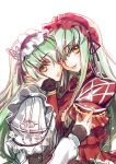  2girls alternate_costume blush c.c. chaika_bohdan chaika_bohdan_(cosplay) chaika_trabant chaika_trabant_(cosplay) code_geass creayus dress dual_persona frills gothic_lolita green_hair hairband hitsugi_no_chaika lolita_fashion long_hair looking_at_viewer multiple_girls yellow_eyes 