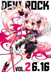  1girl \m/ ayamo_(devi_rock) black_nails blush copyright_name devi_rock fang guitar hair_ornament instrument lightning_bolt long_hair microphone multicolored_hair open_mouth original pink_hair red_eyes ringonaki school_uniform serafuku skirt smile solo sparkle sparkling_eyes twintails very_long_hair 