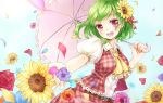  1girl ascot belt blue_sky flower green_eyes hair_flower hair_ornament highres kazami_yuuka looking_at_viewer open_mouth open_vest outstretched_arm outstretched_hand parasol petals pink_eyes pink_rose puffy_sleeves rose shironeko_yuuki shirt short_sleeves skirt skirt_set sky smile solo sunflower touhou umbrella vest 