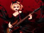  blonde_hair electric_guitar guitar guitar_pick hair_bow hair_ornament hair_ribbon hairclip highres instrument japanese_clothes kagamine_rin kimono open_mouth purple_eyes red ribbon short_hair solo tamajam tengaku_(vocaloid) vocaloid 