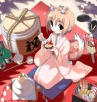  ahoge bow brown_hair eating food fox_ears grey_eyes hiide japanese_clothes kimono mochi obentou sake short_hair tabi tail wagashi 