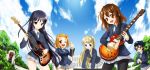  akiyama_mio black_hair blonde_hair blue_eyes brown_eyes brown_hair cloud drumsticks eyebrows glasses guitar hairband hat herua hirasawa_yui instrument k-on! keyboard_(instrument) kotobuki_tsumugi long_hair manabe_nodoka mask multiple_girls pantyhose school_uniform seifuku short_hair sky tainaka_ritsu thumbs_up tree wink 