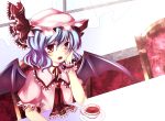  1girl bat_wings blue_hair cup hat red_eyes remilia_scarlet short_hair solo tea teacup touhou uranaishi_(miraura) wings 
